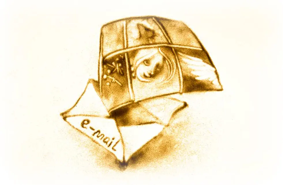 Sand art storyboard sketches displayed on a letter, illustrating the creative process for a sand animation show in Paris.