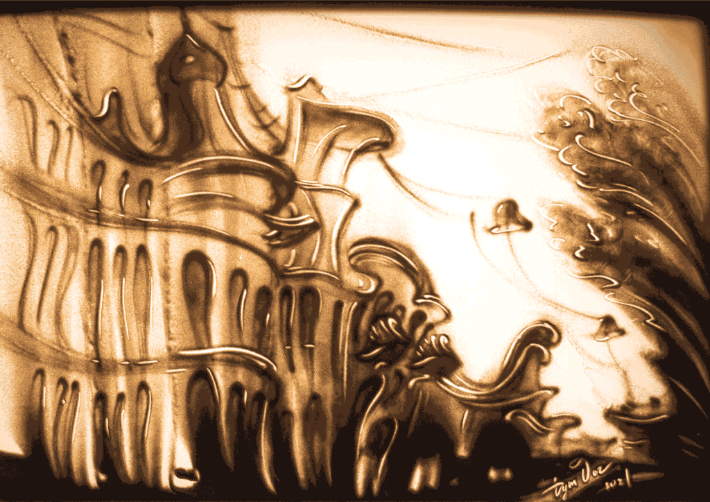 sand painting of a street scene in Lviv, showcasing historic architecture and vibrant artist stile