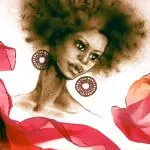 Commissioned sand portrait of an African woman wearing a vibrant red scarf, titled Desert Flower