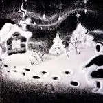 Sandbild einer Winterfrau, die Schnee über eine Winterlandschaft bläst – Sandanimation. Jetzt Sandshow für Neujahr in Frankfurt buchen.