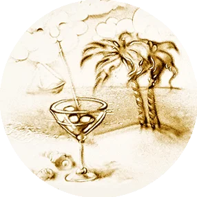 Sand art scene of a peaceful resort created live by Daria Tym, illustrating the effortless process of booking a bespoke sand art show